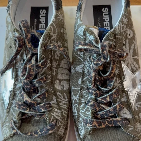 Golden Goose SuperStar Olive and White Graffiti Sneakers with Silver Star